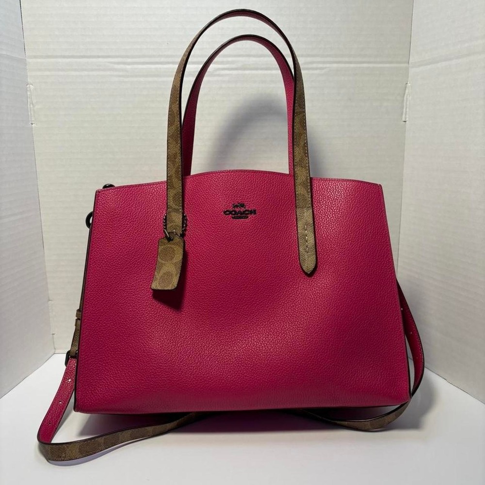 Coach Pink Pebbled Leather Tote Bag Brown Monogram Trim Red Interior 76073